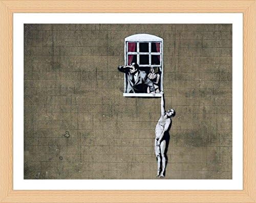 Alonline Art - איש עירום התלוי מחלון מאת בנקסי | תמונה ממוסגרת של אשור מודפסת על בד כותנה, מחוברת ללוח הקצף